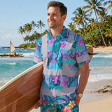 Hi Vis Hawaiian Shirt Reflective Tapes Blue Pink Dog Custom Name Safety Workwear For Workers, Truckers, Operators