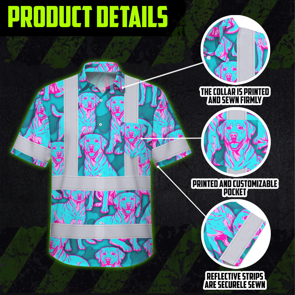 Hi Vis Hawaiian Shirt Reflective Tapes Blue Pink Dog Custom Name Safety Workwear For Workers, Truckers, Operators