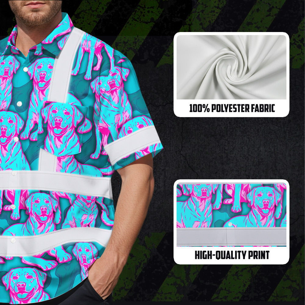 Hi Vis Hawaiian Shirt Reflective Tapes Blue Pink Dog Custom Name Safety Workwear For Workers, Truckers, Operators