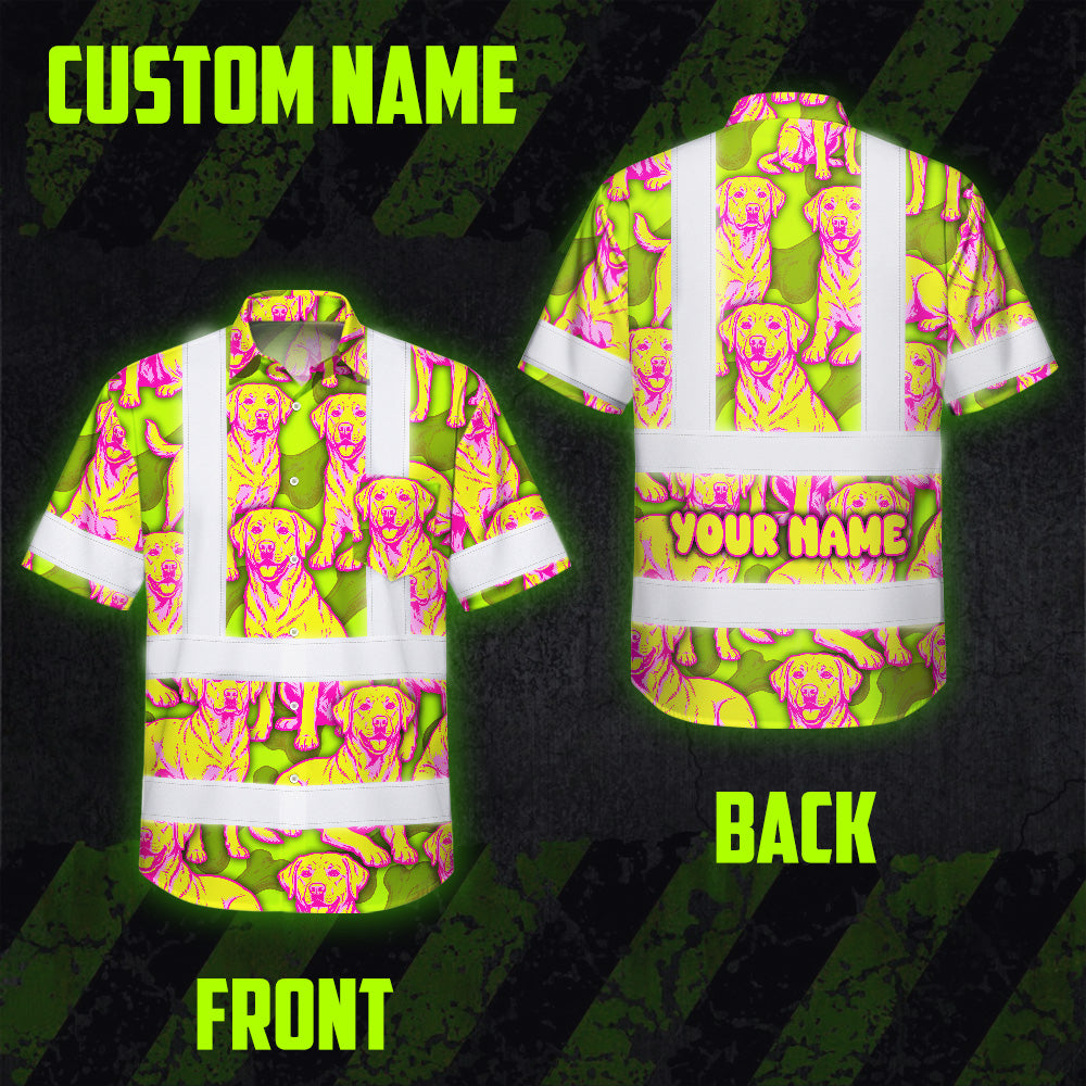 Hi Vis Hawaiian Shirt Reflective Tapes Yellow Pink Dog Custom Name Safety Workwear For Workers, Truckers, Operators
