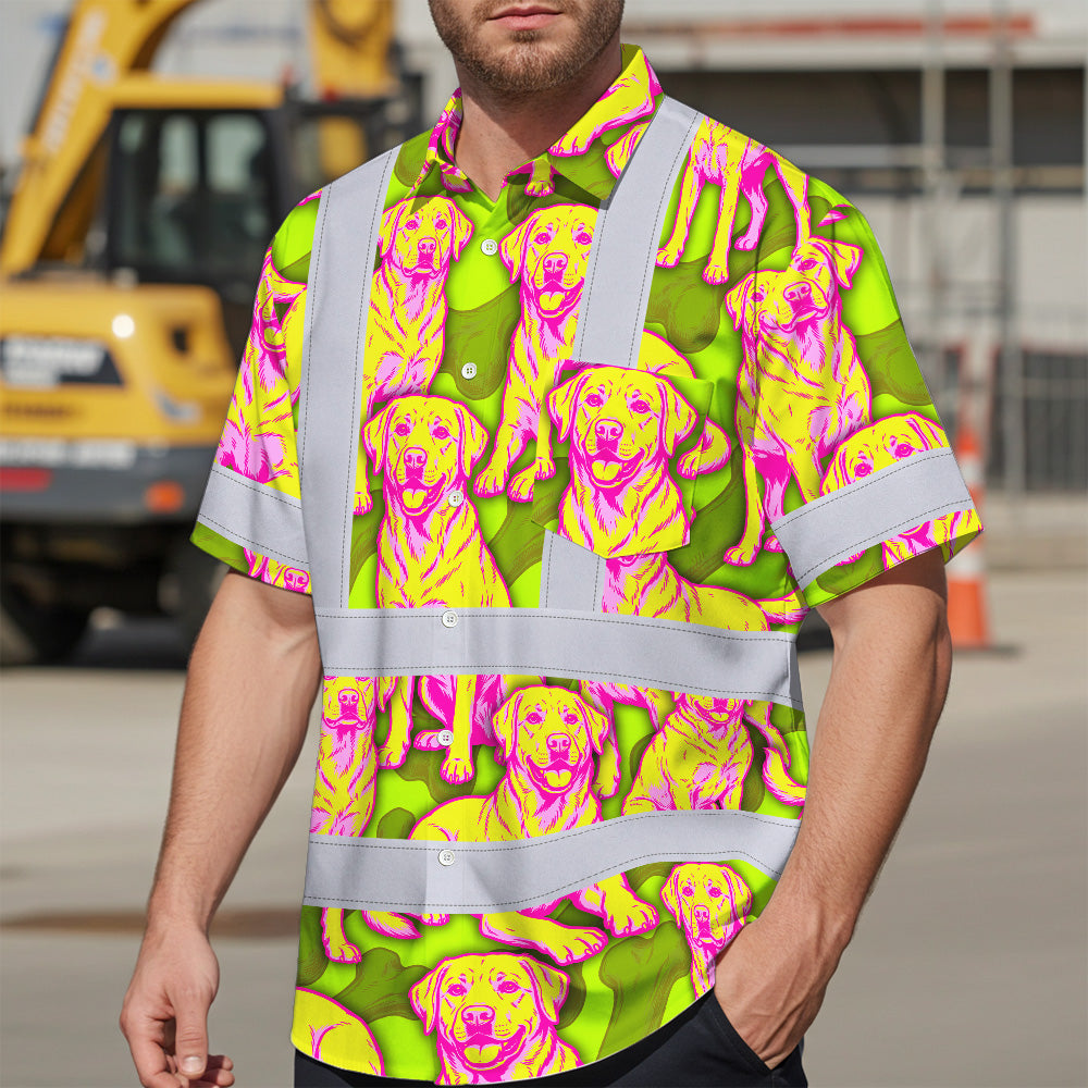 Hi Vis Hawaiian Shirt Reflective Tapes Yellow Pink Dog Custom Name Safety Workwear For Workers, Truckers, Operators