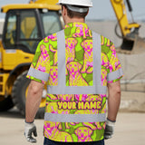 Hi Vis Hawaiian Shirt Reflective Tapes Yellow Pink Dog Custom Name Safety Workwear For Workers, Truckers, Operators