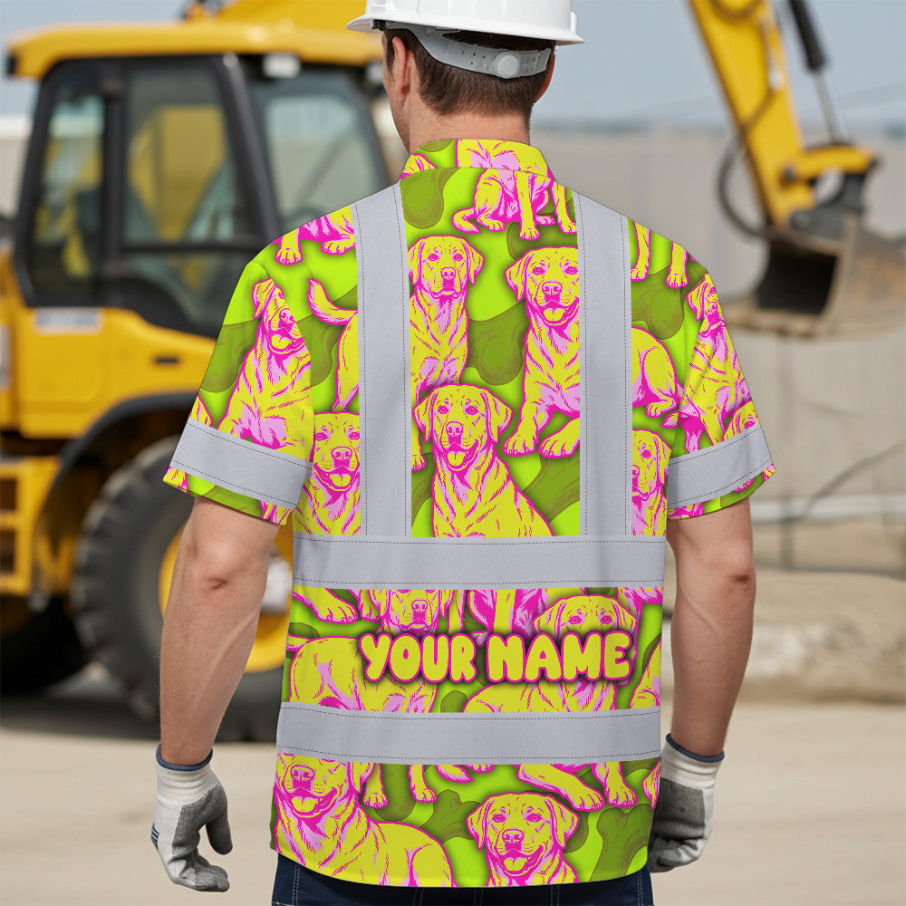 Hi Vis Hawaiian Shirt Reflective Tapes Yellow Pink Dog Custom Name Safety Workwear For Workers, Truckers, Operators