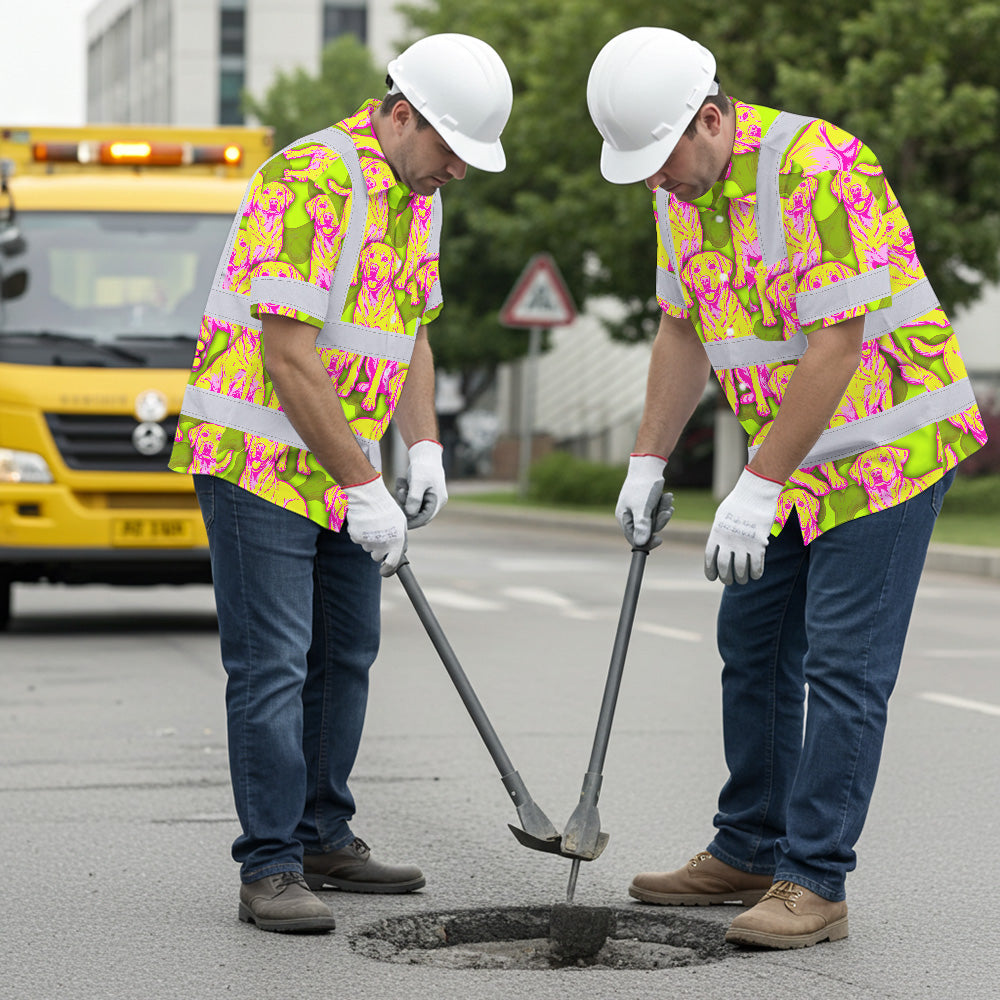 Hi Vis Hawaiian Shirt Reflective Tapes Yellow Pink Dog Custom Name Safety Workwear For Workers, Truckers, Operators