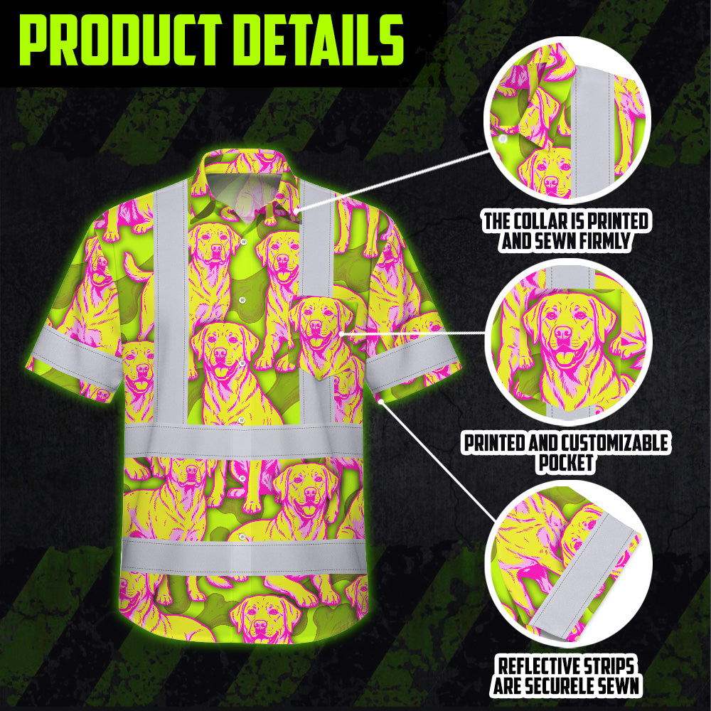 Hi Vis Hawaiian Shirt Reflective Tapes Yellow Pink Dog Custom Name Safety Workwear For Workers, Truckers, Operators
