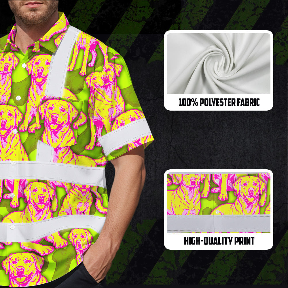 Hi Vis Hawaiian Shirt Reflective Tapes Yellow Pink Dog Custom Name Safety Workwear For Workers, Truckers, Operators