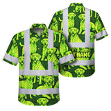 Hi Vis Hawaiian Shirt Reflective Tapes Lime Green Dog Custom Name Safety Workwear For Workers, Truckers, Operators