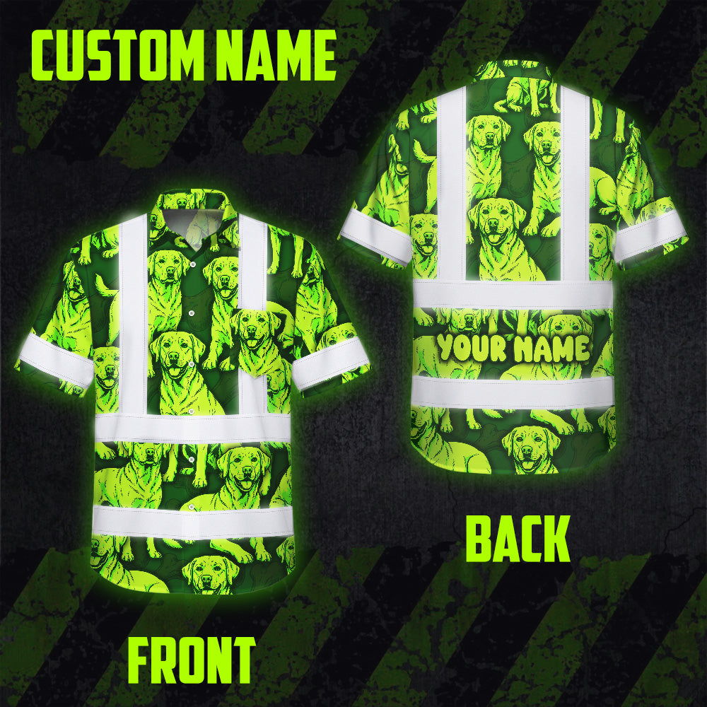 Hi Vis Hawaiian Shirt Reflective Tapes Lime Green Dog Custom Name Safety Workwear For Workers, Truckers, Operators