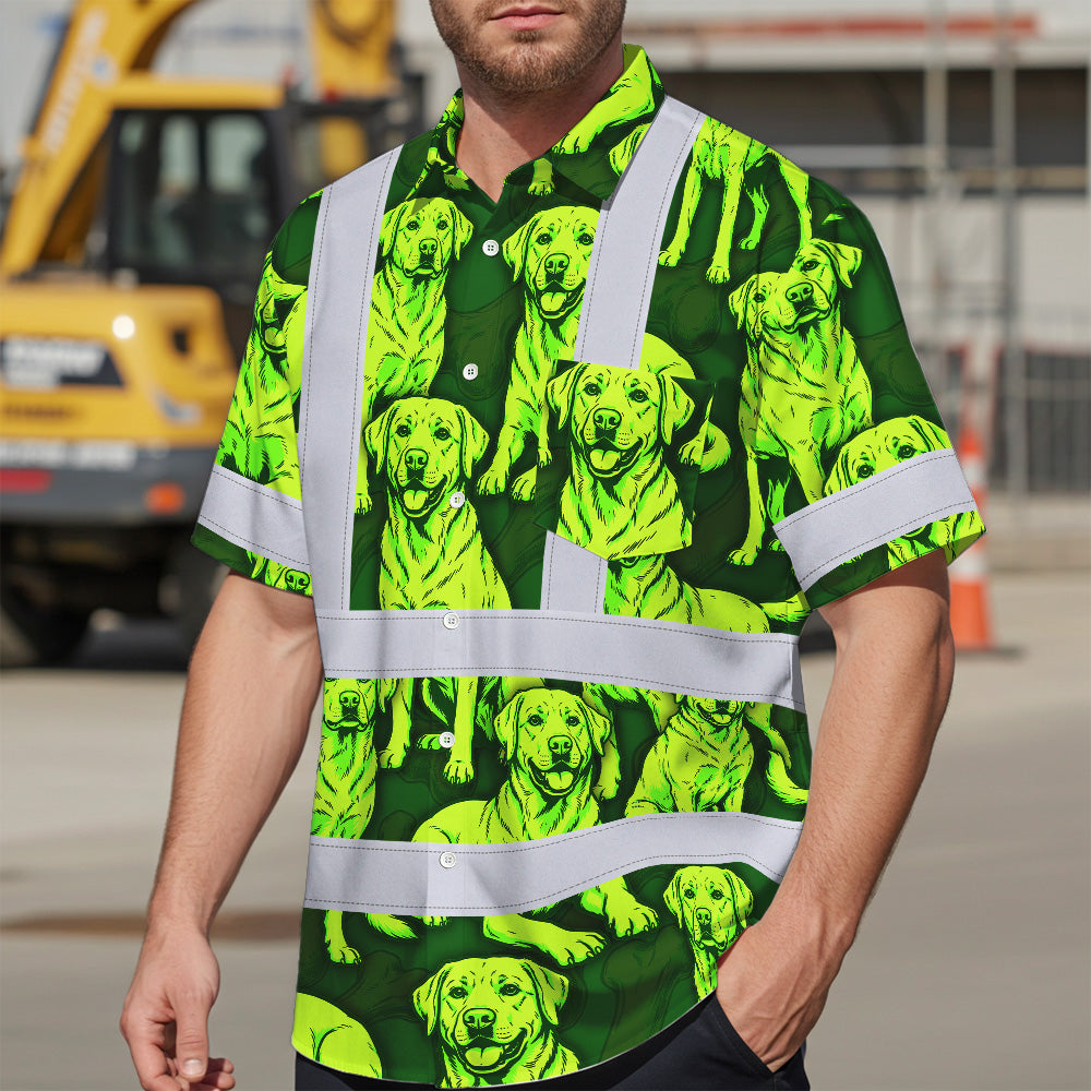 Hi Vis Hawaiian Shirt Reflective Tapes Lime Green Dog Custom Name Safety Workwear For Workers, Truckers, Operators