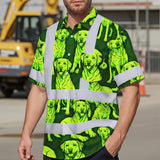 Hi Vis Hawaiian Shirt Reflective Tapes Lime Green Dog Custom Name Safety Workwear For Workers, Truckers, Operators