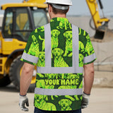 Hi Vis Hawaiian Shirt Reflective Tapes Lime Green Dog Custom Name Safety Workwear For Workers, Truckers, Operators