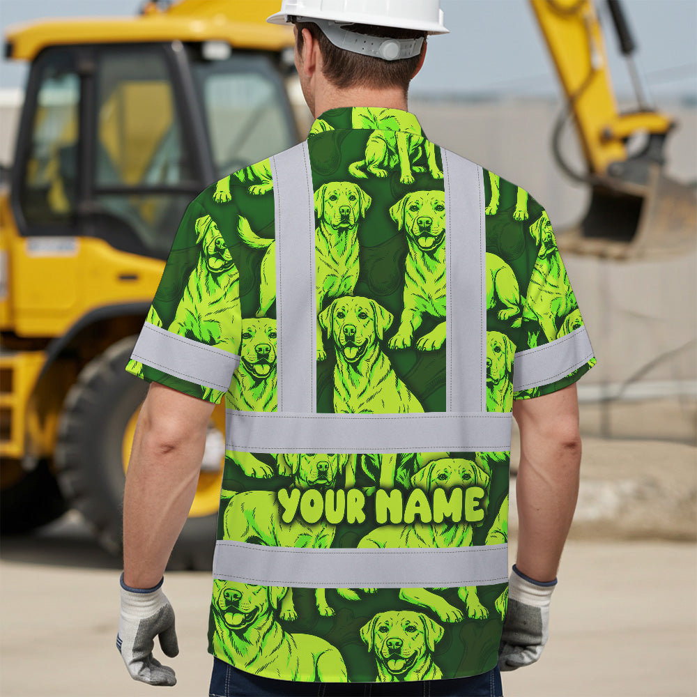 Hi Vis Hawaiian Shirt Reflective Tapes Lime Green Dog Custom Name Safety Workwear For Workers, Truckers, Operators
