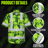 Hi Vis Hawaiian Shirt Reflective Tapes Lime Green Dog Custom Name Safety Workwear For Workers, Truckers, Operators