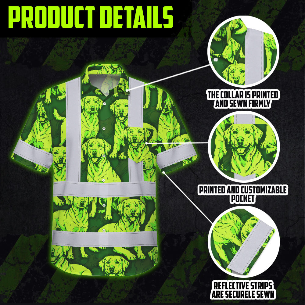 Hi Vis Hawaiian Shirt Reflective Tapes Lime Green Dog Custom Name Safety Workwear For Workers, Truckers, Operators