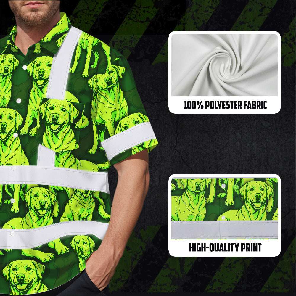 Hi Vis Hawaiian Shirt Reflective Tapes Lime Green Dog Custom Name Safety Workwear For Workers, Truckers, Operators