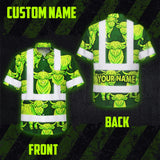 Hi Vis Hawaiian Shirt Reflective Tapes Lime Green Cow Custom Name Safety Workwear For Workers, Truckers, Operators