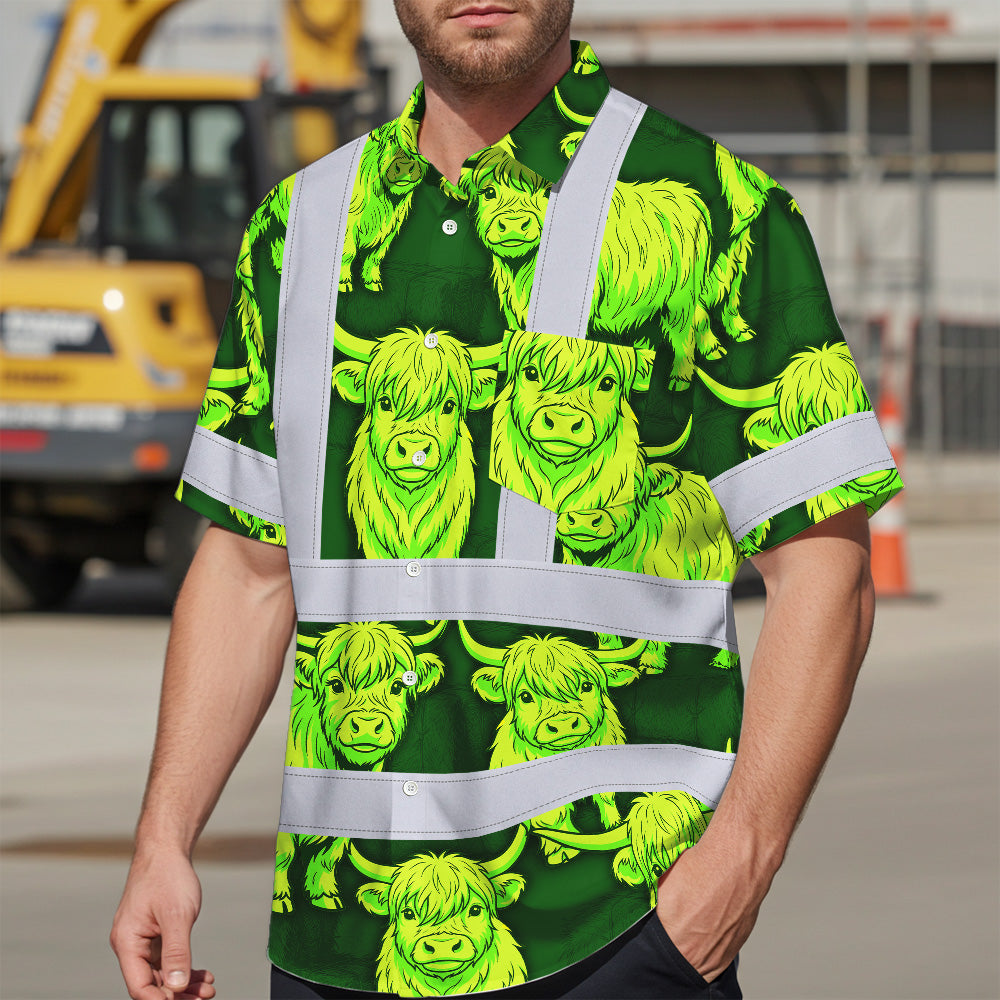Hi Vis Hawaiian Shirt Reflective Tapes Lime Green Cow Custom Name Safety Workwear For Workers, Truckers, Operators