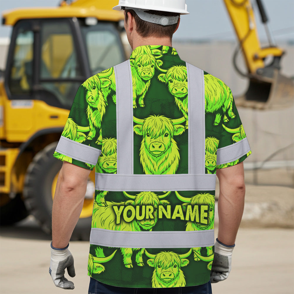 Hi Vis Hawaiian Shirt Reflective Tapes Lime Green Cow Custom Name Safety Workwear For Workers, Truckers, Operators