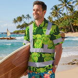 Hi Vis Hawaiian Shirt Reflective Tapes Lime Green Cow Custom Name Safety Workwear For Workers, Truckers, Operators