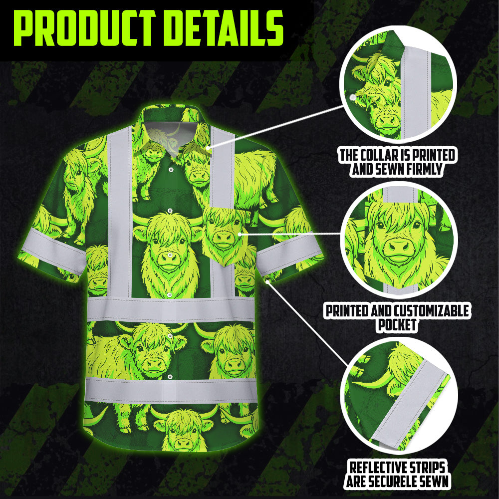Hi Vis Hawaiian Shirt Reflective Tapes Lime Green Cow Custom Name Safety Workwear For Workers, Truckers, Operators