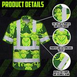 Hi Vis Hawaiian Shirt Reflective Tapes Lime Green Cow Custom Name Safety Workwear For Workers, Truckers, Operators