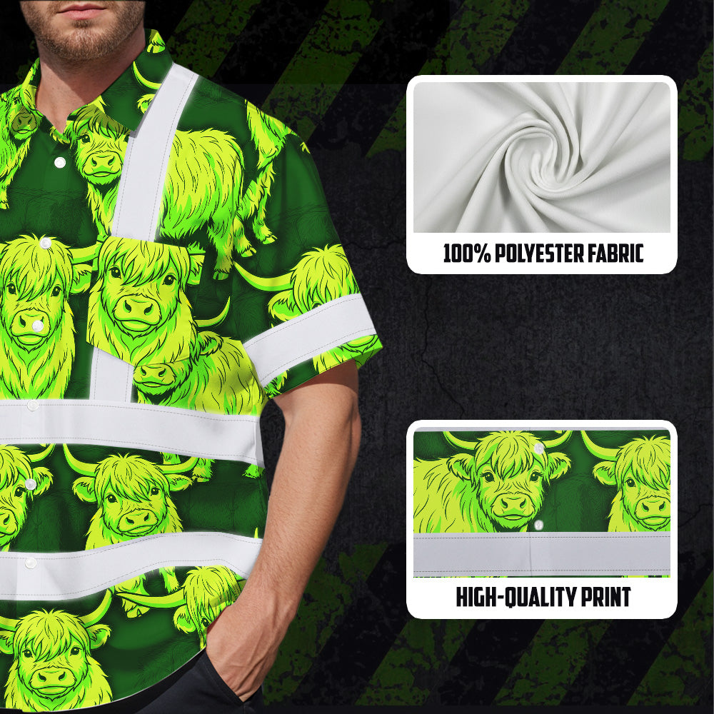 Hi Vis Hawaiian Shirt Reflective Tapes Lime Green Cow Custom Name Safety Workwear For Workers, Truckers, Operators