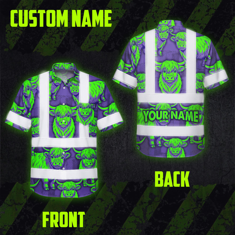 Hi Vis Hawaiian Shirt Reflective Tapes Violet Green Cow Custom Name Safety Workwear For Workers, Truckers, Operators