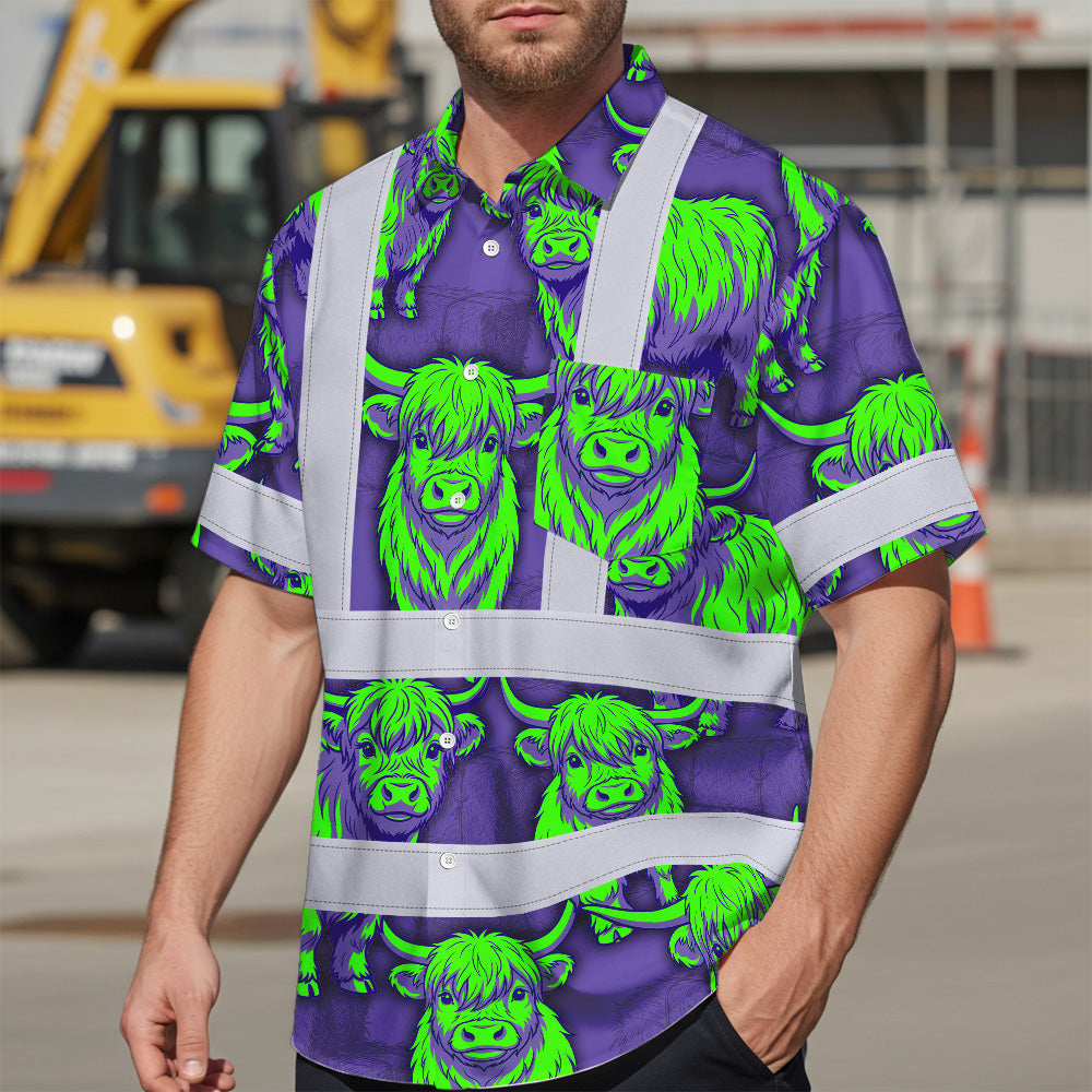 Hi Vis Hawaiian Shirt Reflective Tapes Violet Green Cow Custom Name Safety Workwear For Workers, Truckers, Operators
