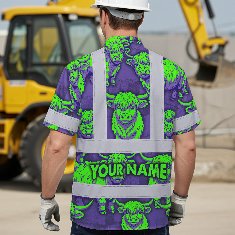 Hi Vis Hawaiian Shirt Reflective Tapes Violet Green Cow Custom Name Safety Workwear For Workers, Truckers, Operators