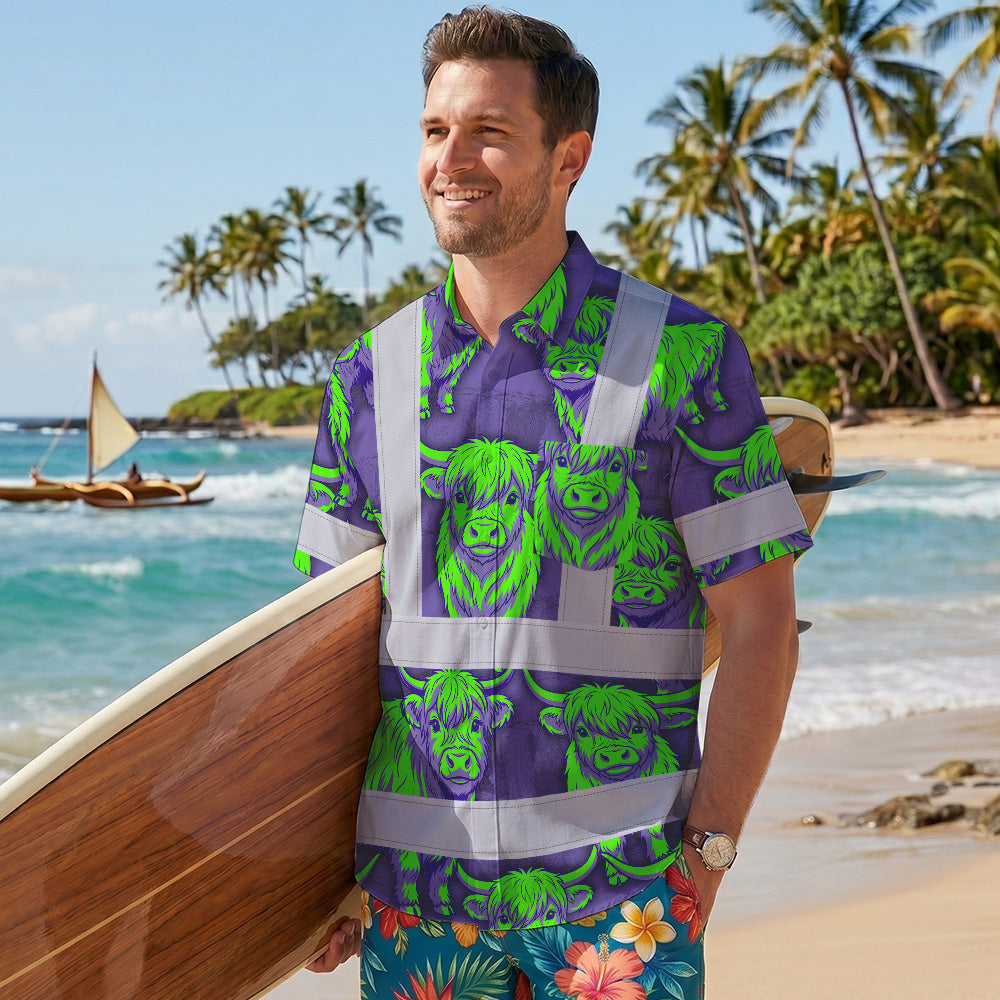 Hi Vis Hawaiian Shirt Reflective Tapes Violet Green Cow Custom Name Safety Workwear For Workers, Truckers, Operators