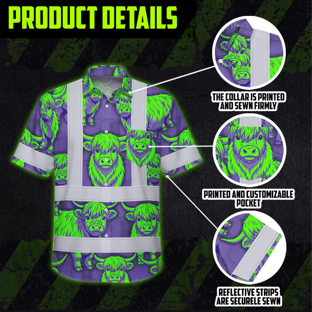 Hi Vis Hawaiian Shirt Reflective Tapes Violet Green Cow Custom Name Safety Workwear For Workers, Truckers, Operators
