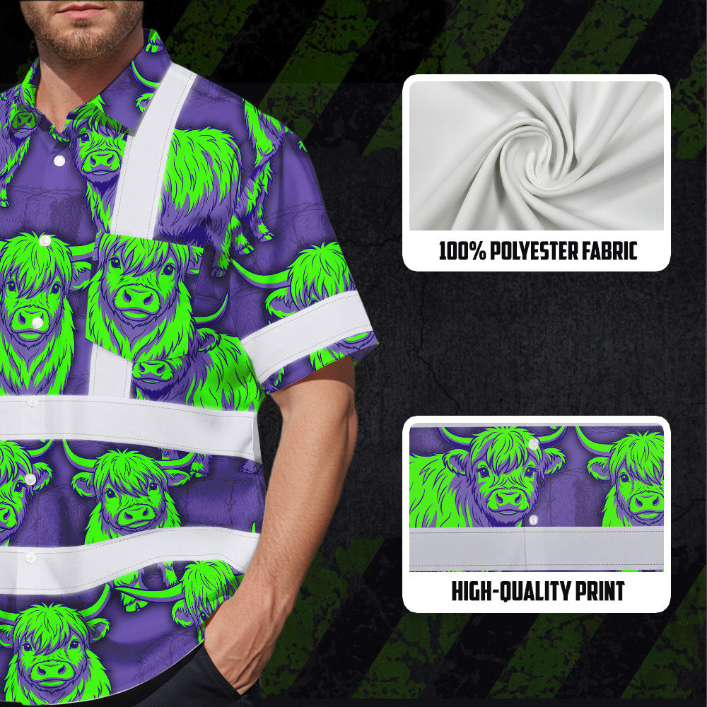 Hi Vis Hawaiian Shirt Reflective Tapes Violet Green Cow Custom Name Safety Workwear For Workers, Truckers, Operators