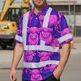 Hi Vis Hawaiian Shirt Reflective Tapes Violet Pink Cow Custom Name Safety Workwear For Workers, Truckers, Operators