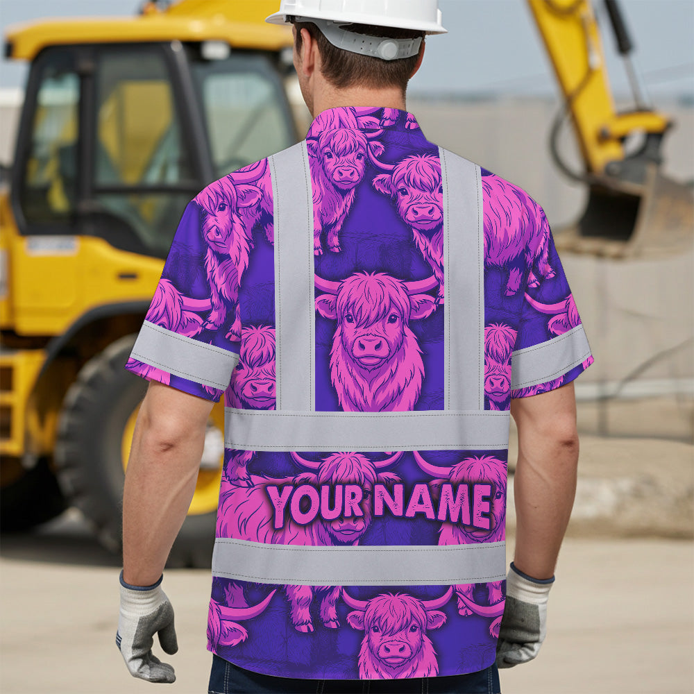 Hi Vis Hawaiian Shirt Reflective Tapes Violet Pink Cow Custom Name Safety Workwear For Workers, Truckers, Operators