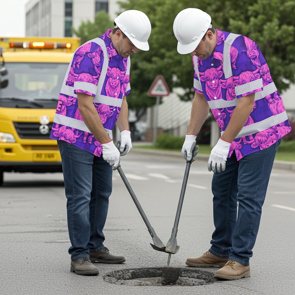 Hi Vis Hawaiian Shirt Reflective Tapes Violet Pink Cow Custom Name Safety Workwear For Workers, Truckers, Operators