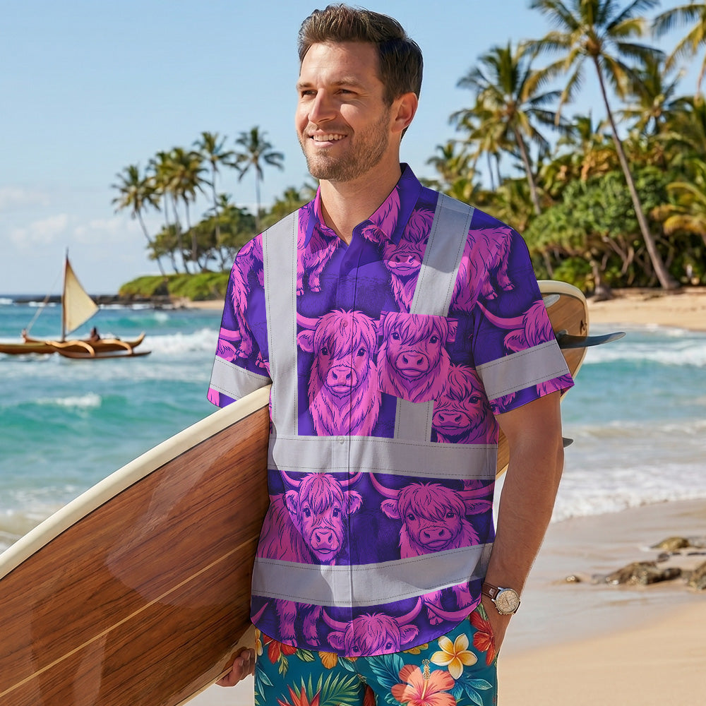 Hi Vis Hawaiian Shirt Reflective Tapes Violet Pink Cow Custom Name Safety Workwear For Workers, Truckers, Operators