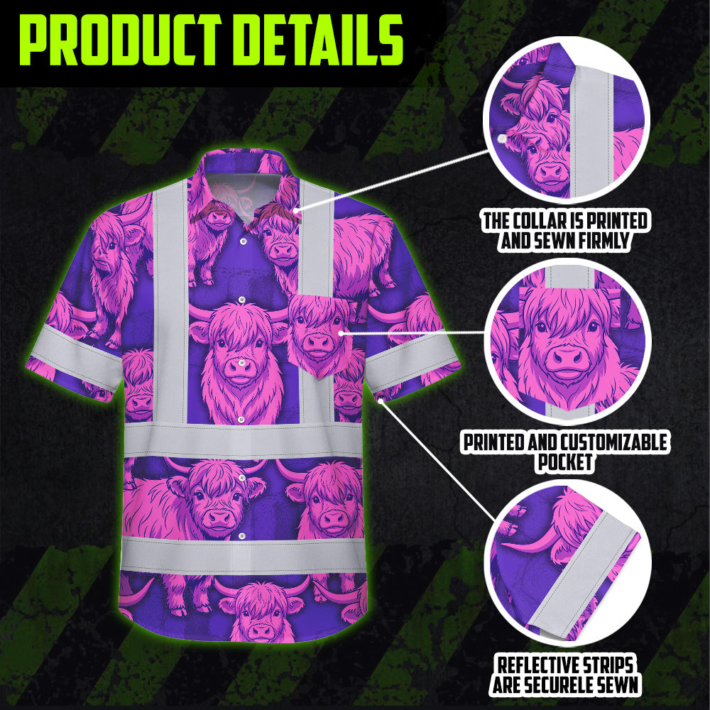 Hi Vis Hawaiian Shirt Reflective Tapes Violet Pink Cow Custom Name Safety Workwear For Workers, Truckers, Operators