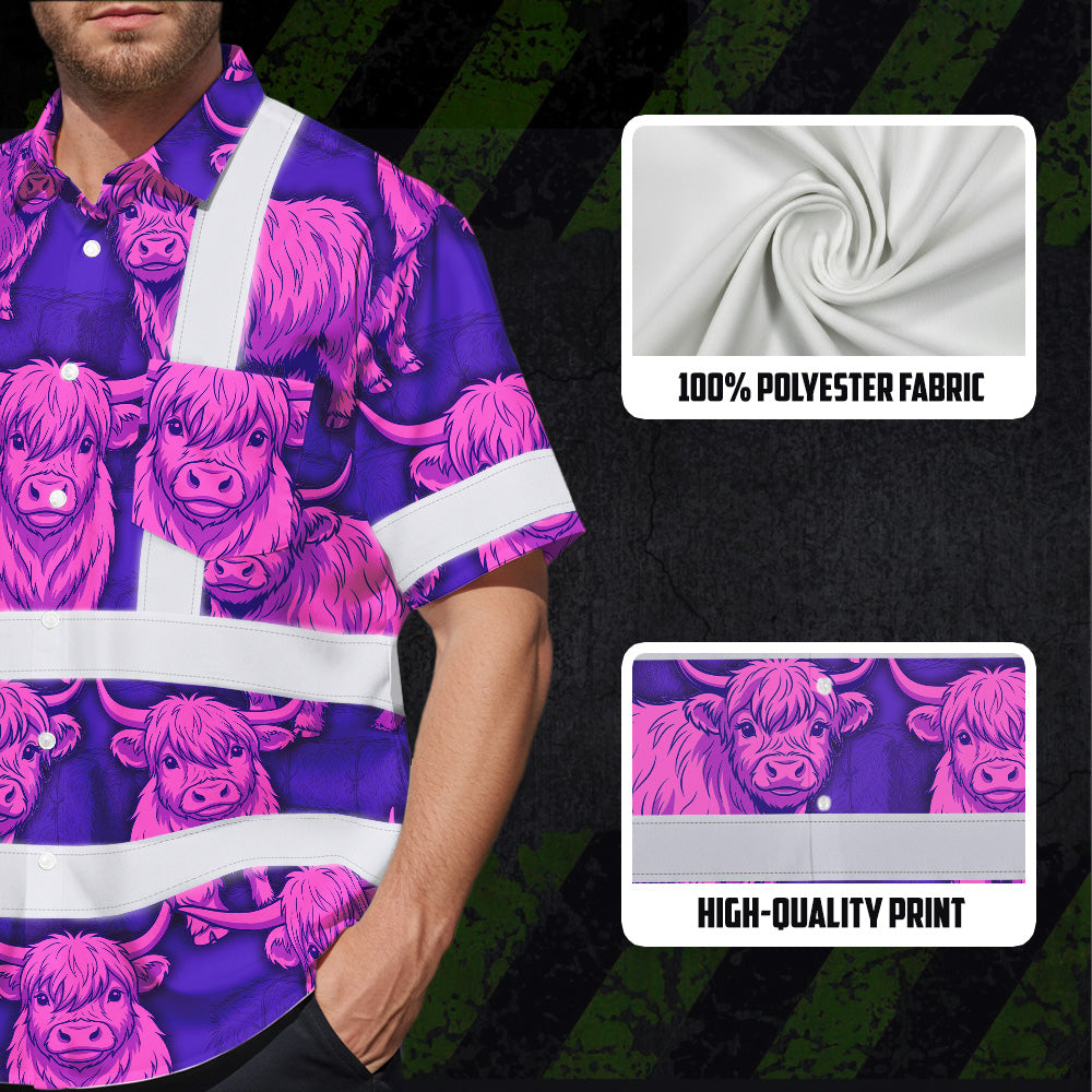 Hi Vis Hawaiian Shirt Reflective Tapes Violet Pink Cow Custom Name Safety Workwear For Workers, Truckers, Operators
