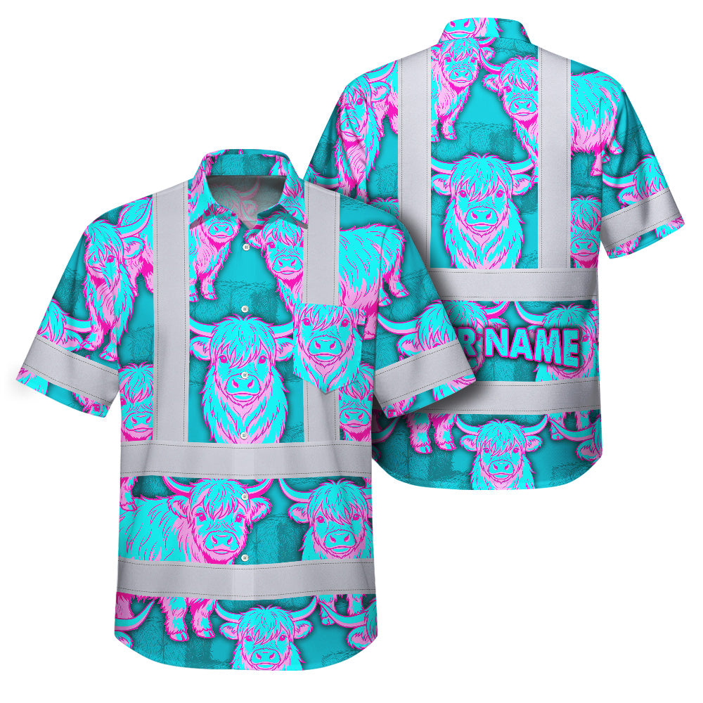 Hi Vis Hawaiian Shirt Reflective Tapes Blue Pink Cow Custom Name Safety Workwear For Workers, Truckers, Operators