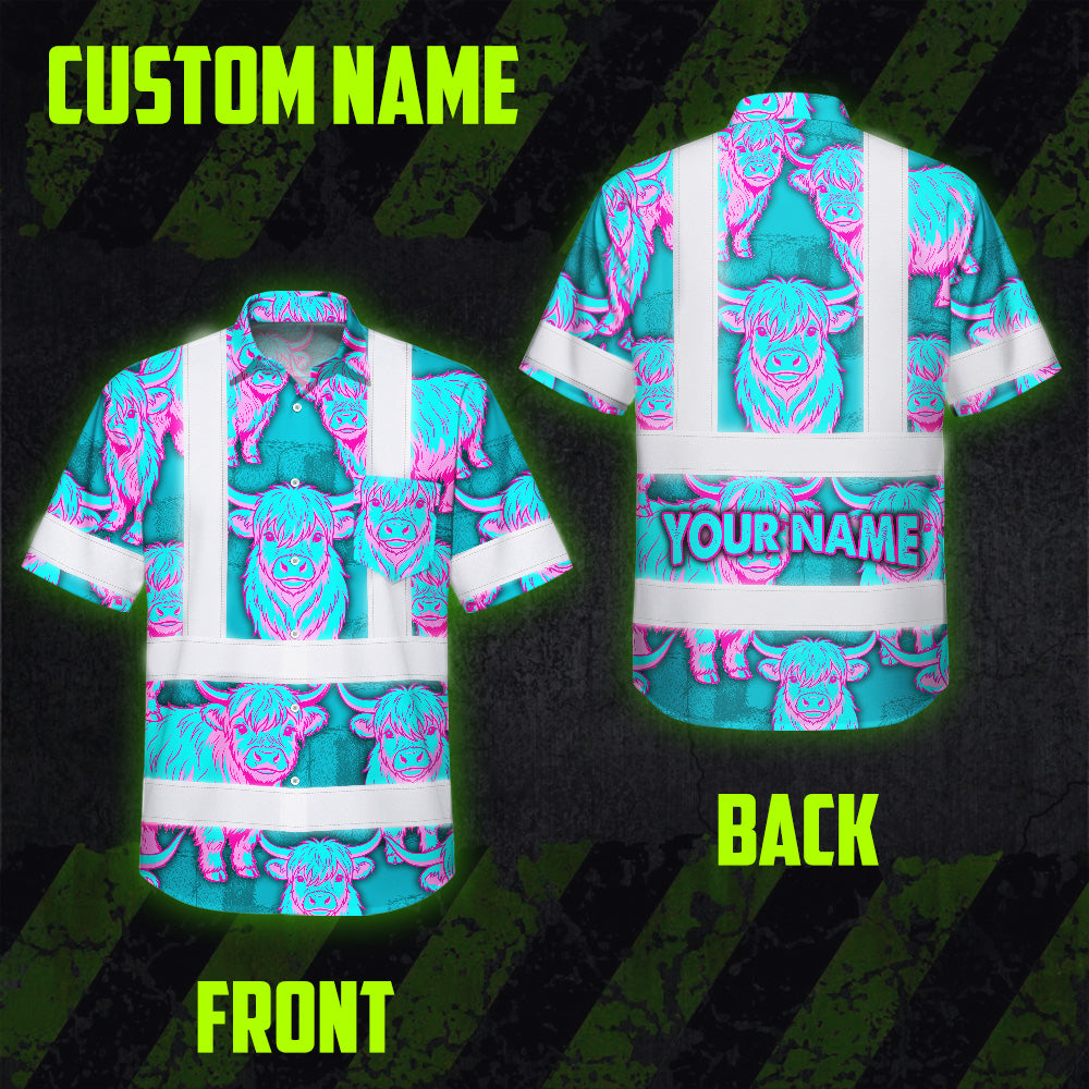 Hi Vis Hawaiian Shirt Reflective Tapes Blue Pink Cow Custom Name Safety Workwear For Workers, Truckers, Operators