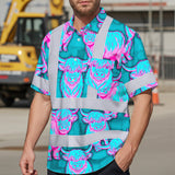 Hi Vis Hawaiian Shirt Reflective Tapes Blue Pink Cow Custom Name Safety Workwear For Workers, Truckers, Operators