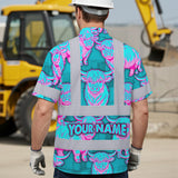 Hi Vis Hawaiian Shirt Reflective Tapes Blue Pink Cow Custom Name Safety Workwear For Workers, Truckers, Operators