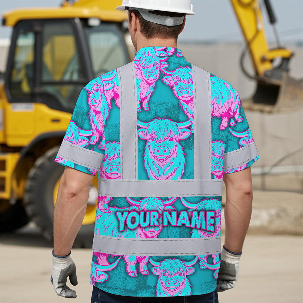 Hi Vis Hawaiian Shirt Reflective Tapes Blue Pink Cow Custom Name Safety Workwear For Workers, Truckers, Operators