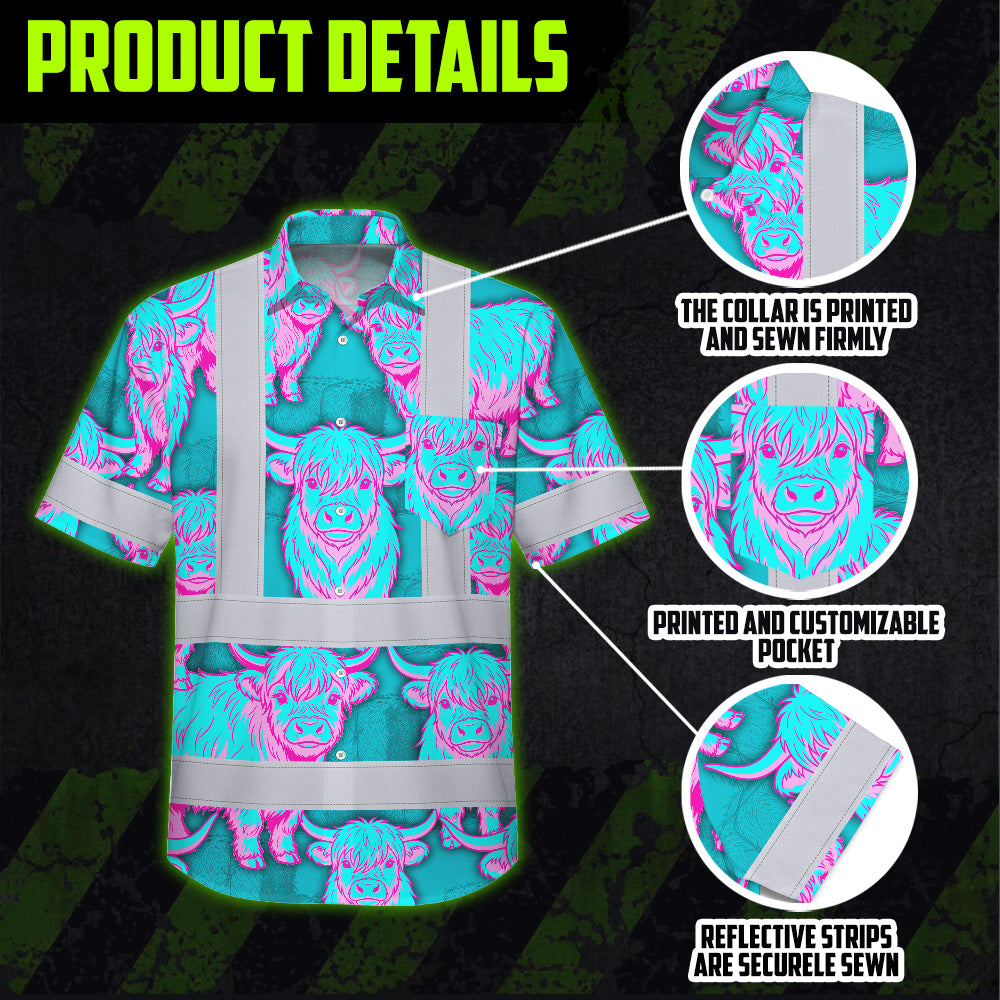 Hi Vis Hawaiian Shirt Reflective Tapes Blue Pink Cow Custom Name Safety Workwear For Workers, Truckers, Operators