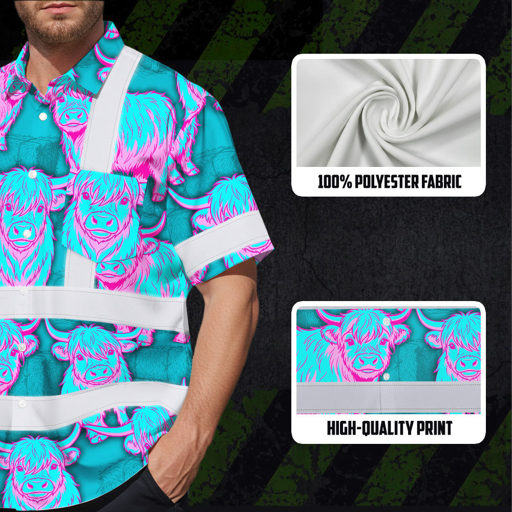 Hi Vis Hawaiian Shirt Reflective Tapes Blue Pink Cow Custom Name Safety Workwear For Workers, Truckers, Operators