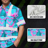 Hi Vis Hawaiian Shirt Reflective Tapes Blue Pink Cow Custom Name Safety Workwear For Workers, Truckers, Operators