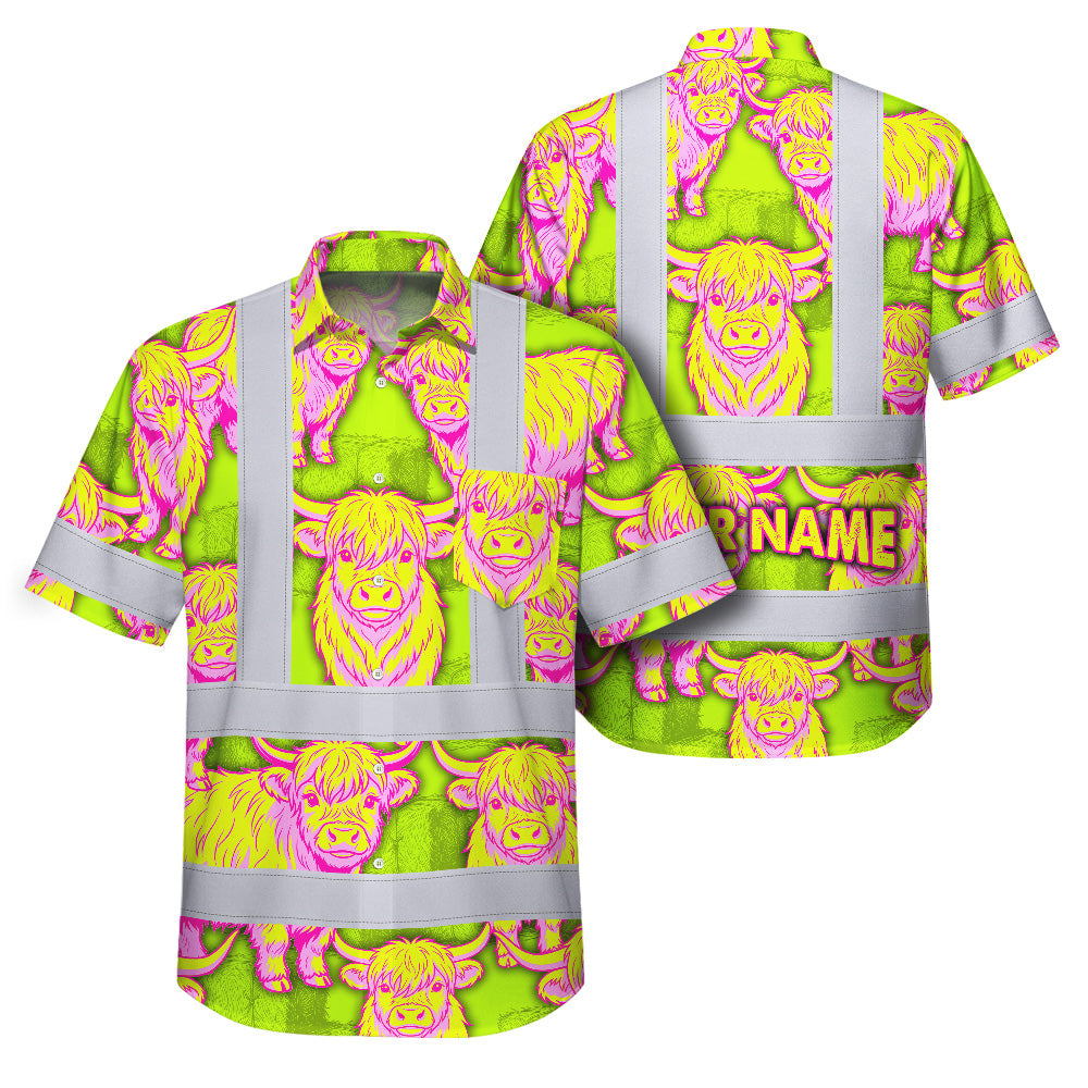 Hi Vis Hawaiian Shirt Reflective Tapes Yellow Pink Cow Custom Name Safety Workwear For Workers, Truckers, Operators