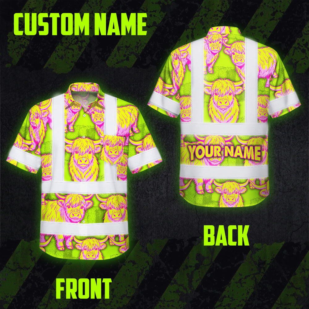 Hi Vis Hawaiian Shirt Reflective Tapes Yellow Pink Cow Custom Name Safety Workwear For Workers, Truckers, Operators
