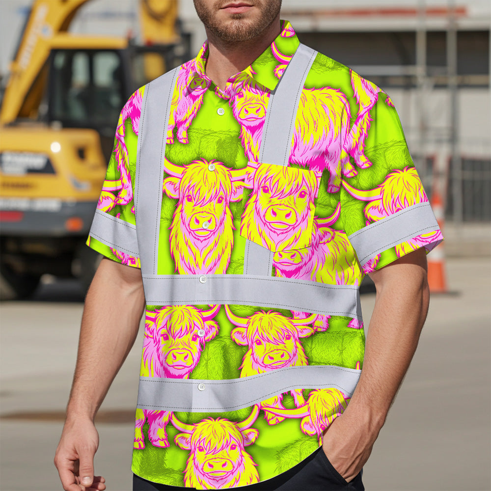 Hi Vis Hawaiian Shirt Reflective Tapes Yellow Pink Cow Custom Name Safety Workwear For Workers, Truckers, Operators