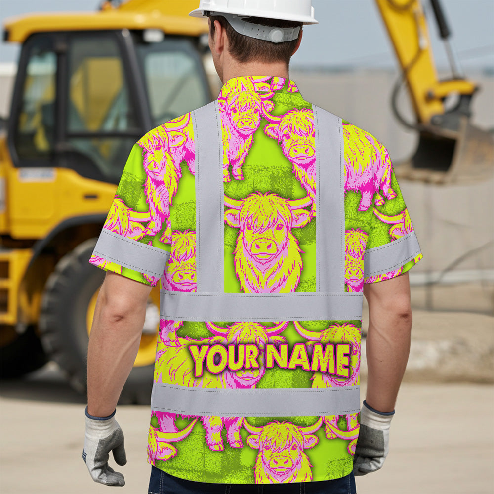 Hi Vis Hawaiian Shirt Reflective Tapes Yellow Pink Cow Custom Name Safety Workwear For Workers, Truckers, Operators